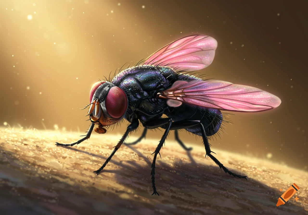 A detailed, illuminated close-up of a black fly with large red eyes and iridescent pink wings, standing on a textured surface.