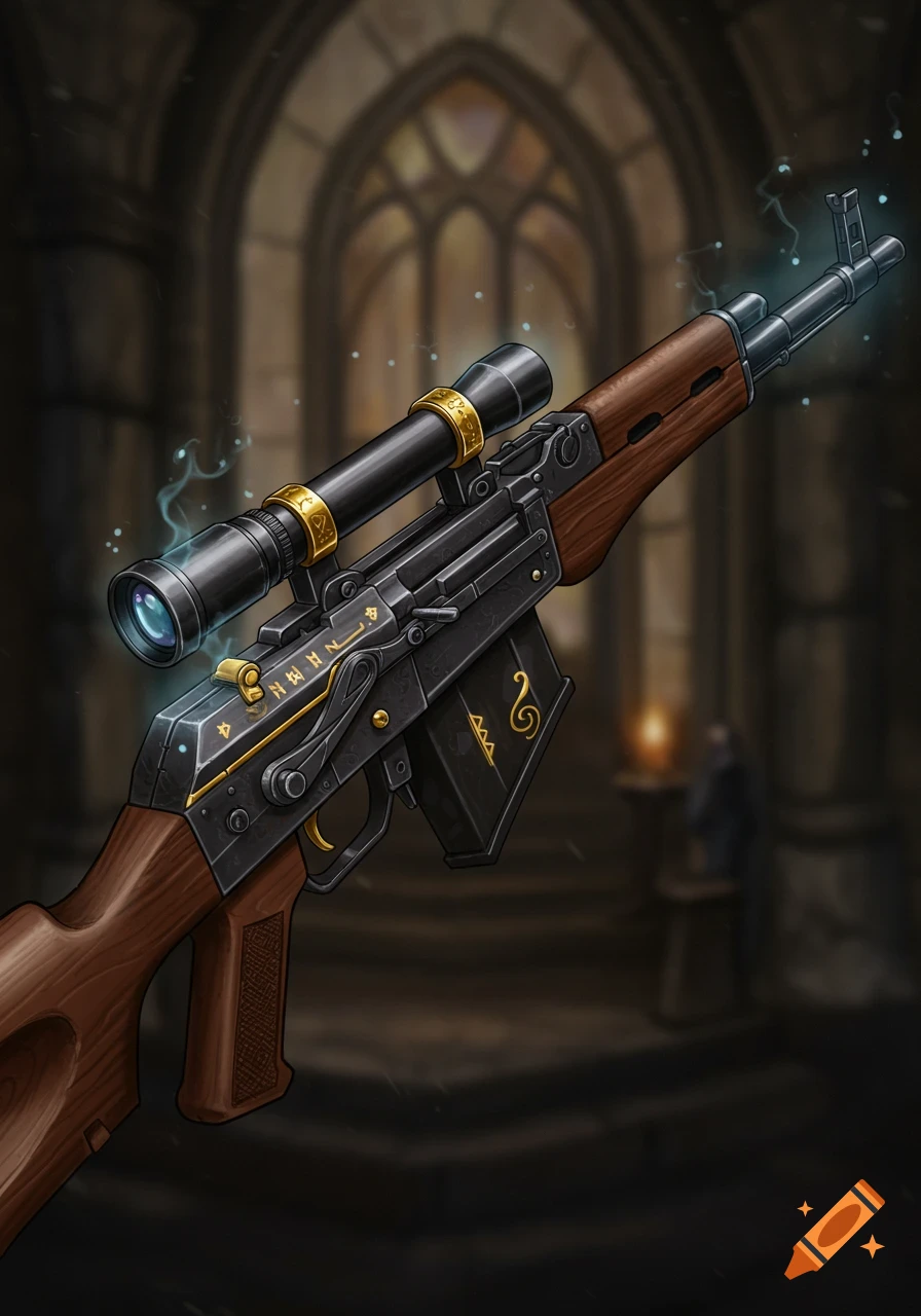 A stylized rifle with a scope and golden runes, emitting blue energy, set in a dark gothic hall.