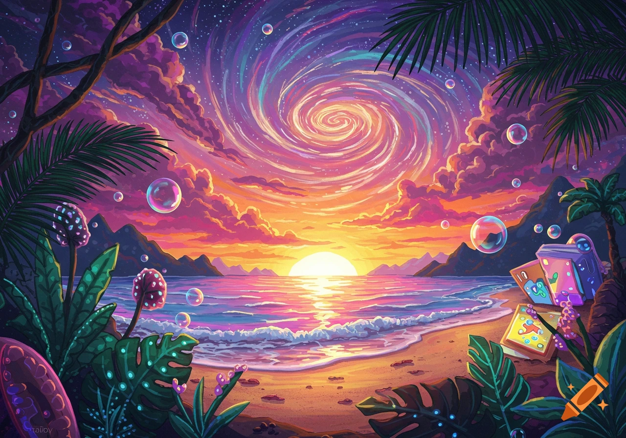 A vibrant, trippy beach sunset with a swirling galaxy-like sky over a pink and orange ocean, surrounded by glowing plants and bubbles.
