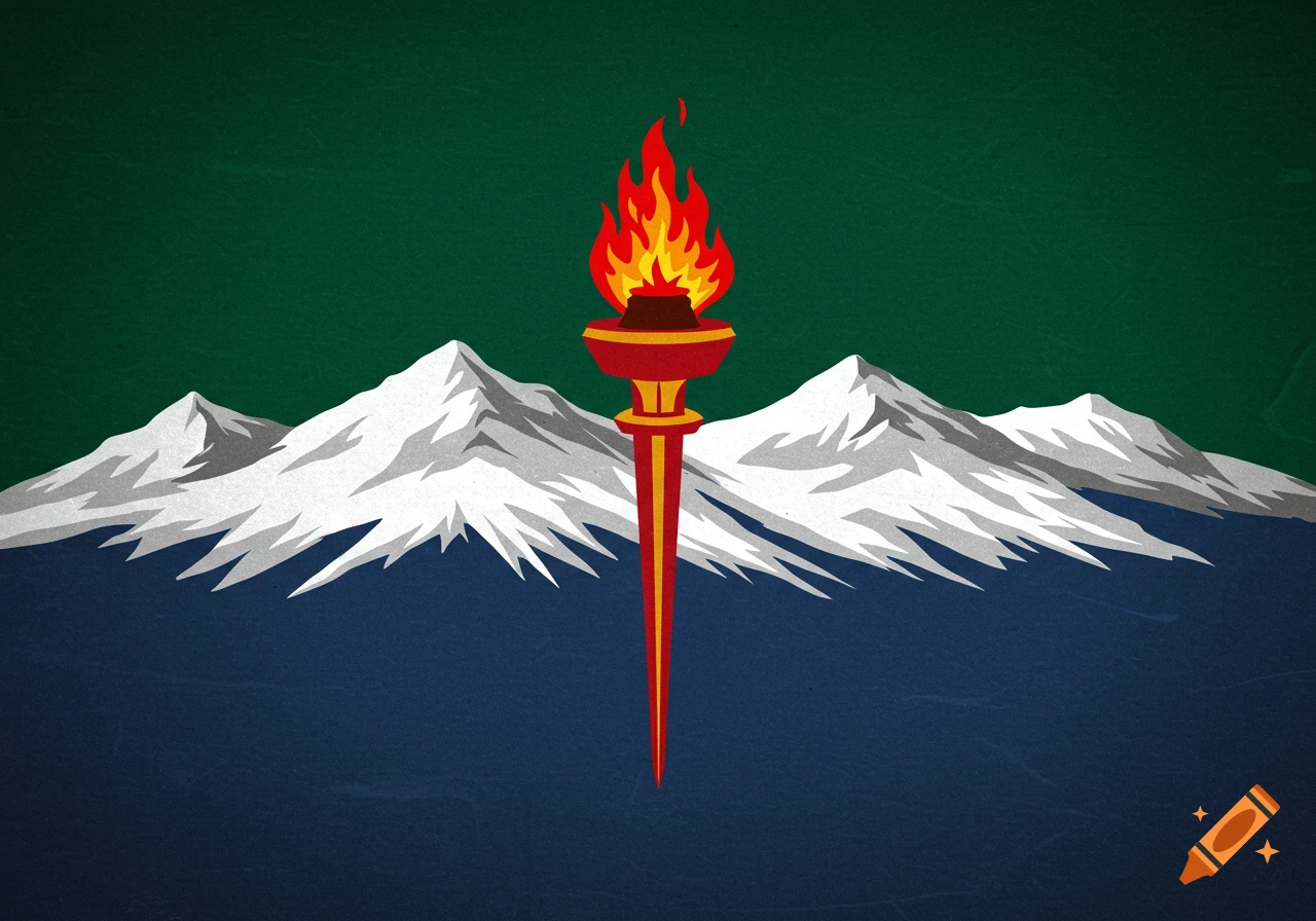 A stylized flag with a dark green top, jagged white snowy mountains, a dark blue bottom, and a red torch with a red and gold flame in the center.