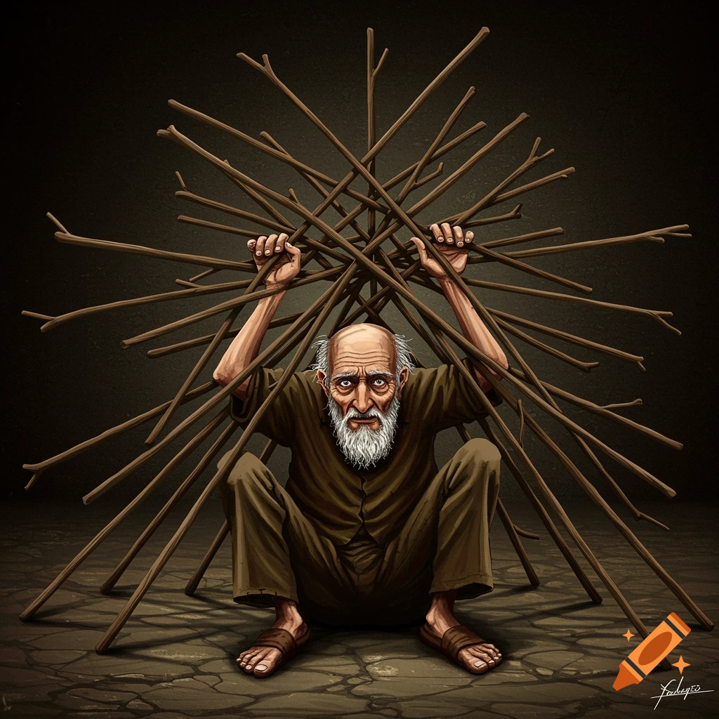 Illustration of an old man with a long white beard, hunched under a heavy pile of brown sticks, against a dark, textured background.
