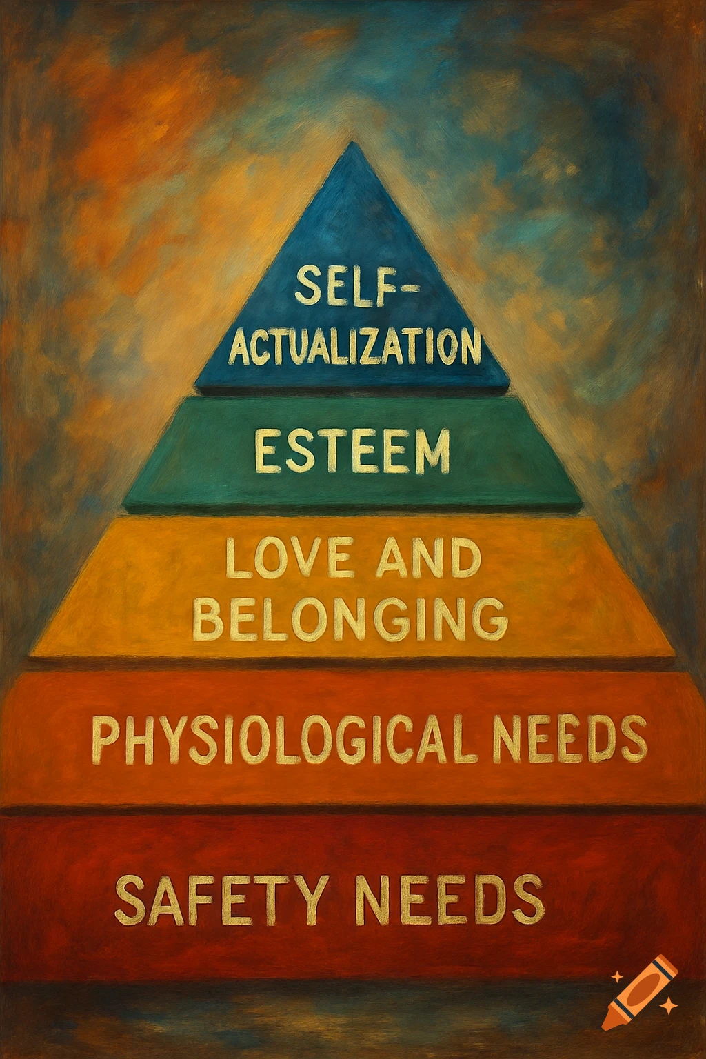 A painted pyramid illustrating Maslow's Hierarchy of Needs with text labels for each level.