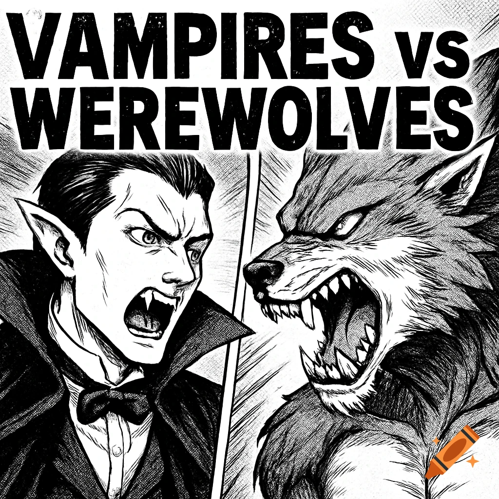 A black and white manga illustration of a vampire and a werewolf roaring at each other, with the text "VAMPIRES vs WEREWOLVES" above them.