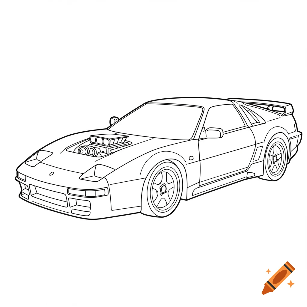 Black and white line art of a classic sports car with an exposed engine, in a coloring book style.
