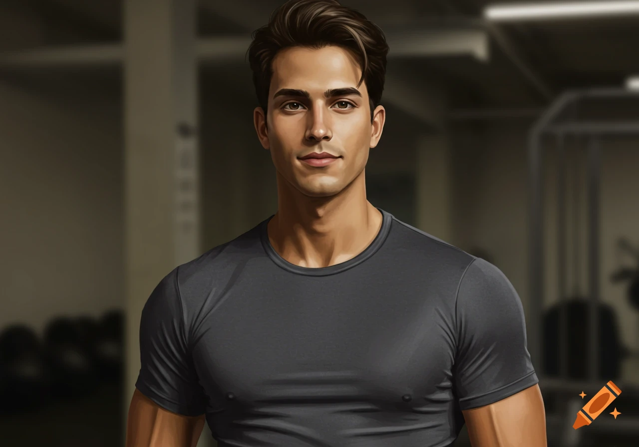 A handsome, muscular man in a dark gray t-shirt stands in a gym, looking at the viewer. Digital art.