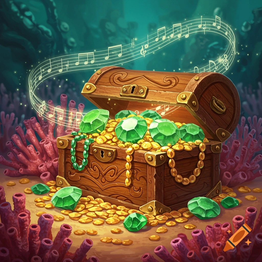 An open wooden treasure chest overflowing with gold coins, green emeralds, and a beaded necklace underwater with floating music notes and red coral.