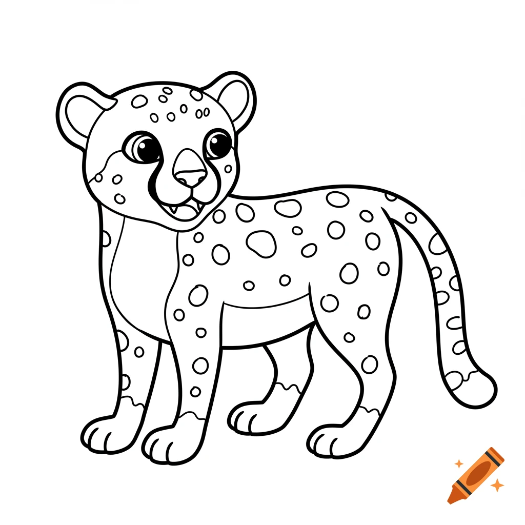 A simple black and white cartoon cheetah, designed for coloring.