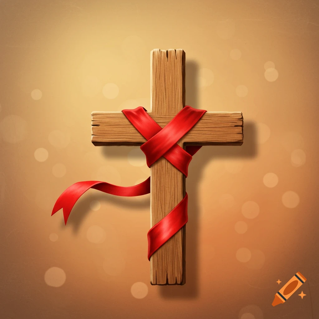 A wooden cross with a red ribbon wrapped around it, set against a warm, bokeh background.