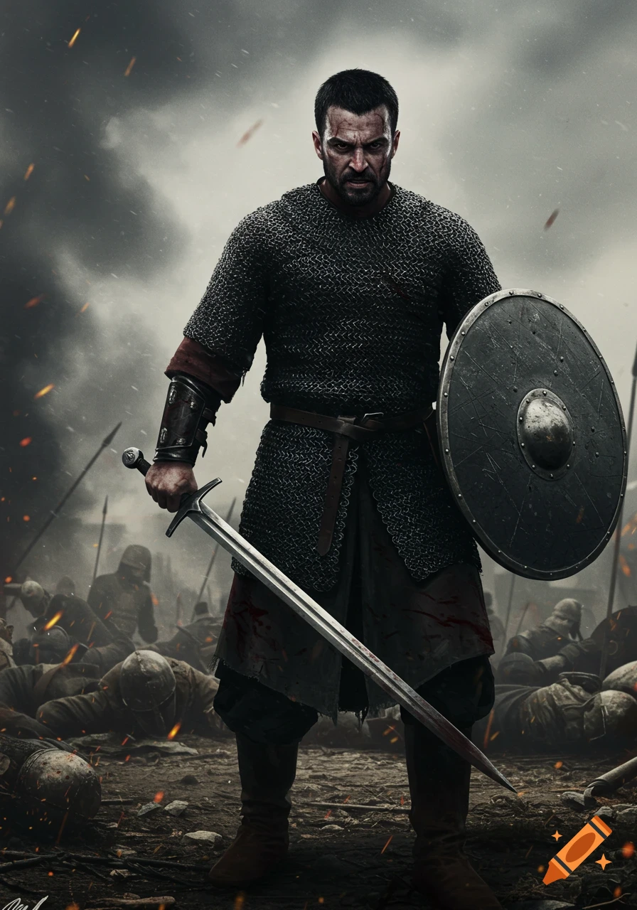 A photorealistic depiction of a fierce warrior in chainmail armor, holding a sword and shield, standing on a chaotic battlefield.