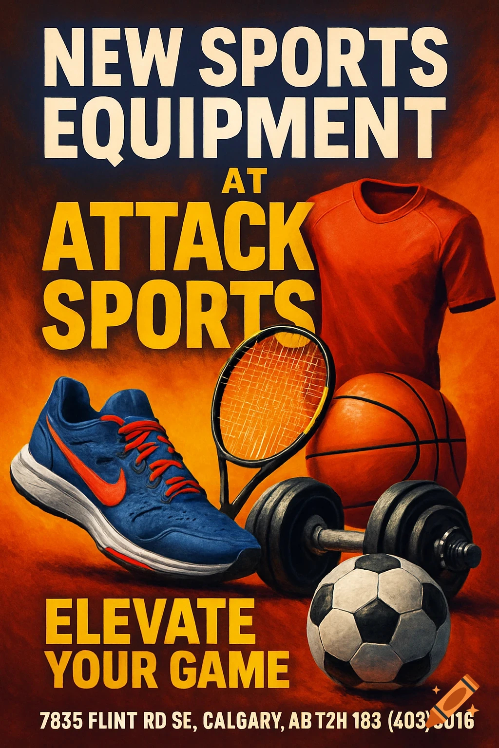A vibrant advertisement for new sports equipment, featuring a blue sneaker, tennis racket, basketball, dumbbells, and a soccer ball, with text that reads "New Sports Equipment at Attack Sports, Elevate Your Game" and a store address/phone number.