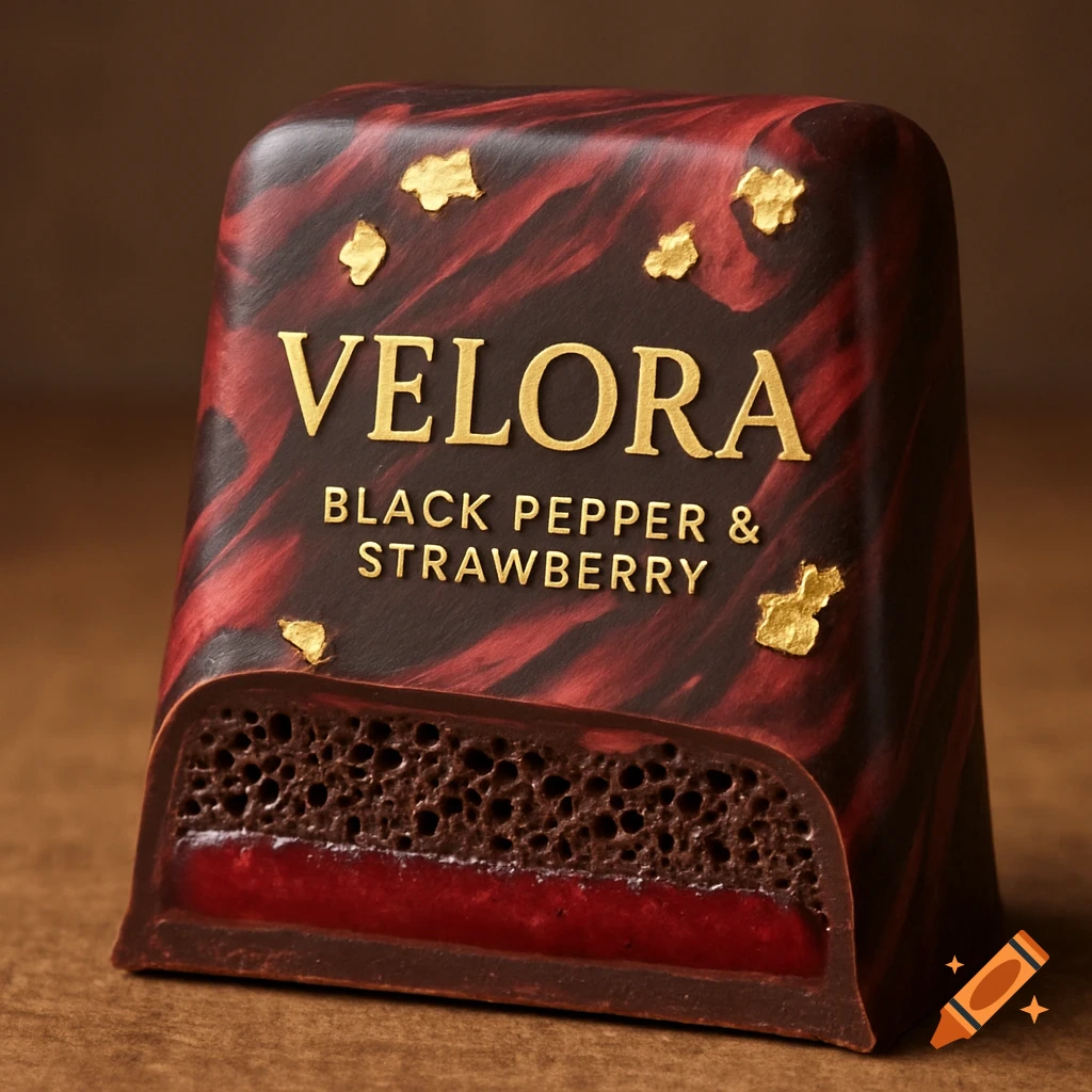Photorealistic close-up of a gourmet chocolate bar with a dark and ruby marble coating and gold flakes. The text 'VELORA BLACK PEPPER & STRAWBERRY' is on top. A cross-section reveals layers of bubbly dark chocolate and strawberry ganache.