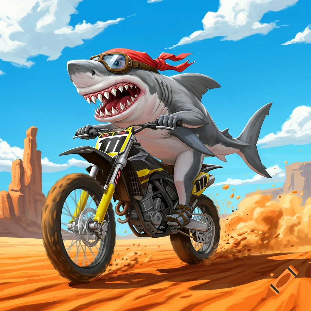 A cartoon shark with goggles and a red bandana rides a yellow and black dirtbike through a sandy desert landscape.