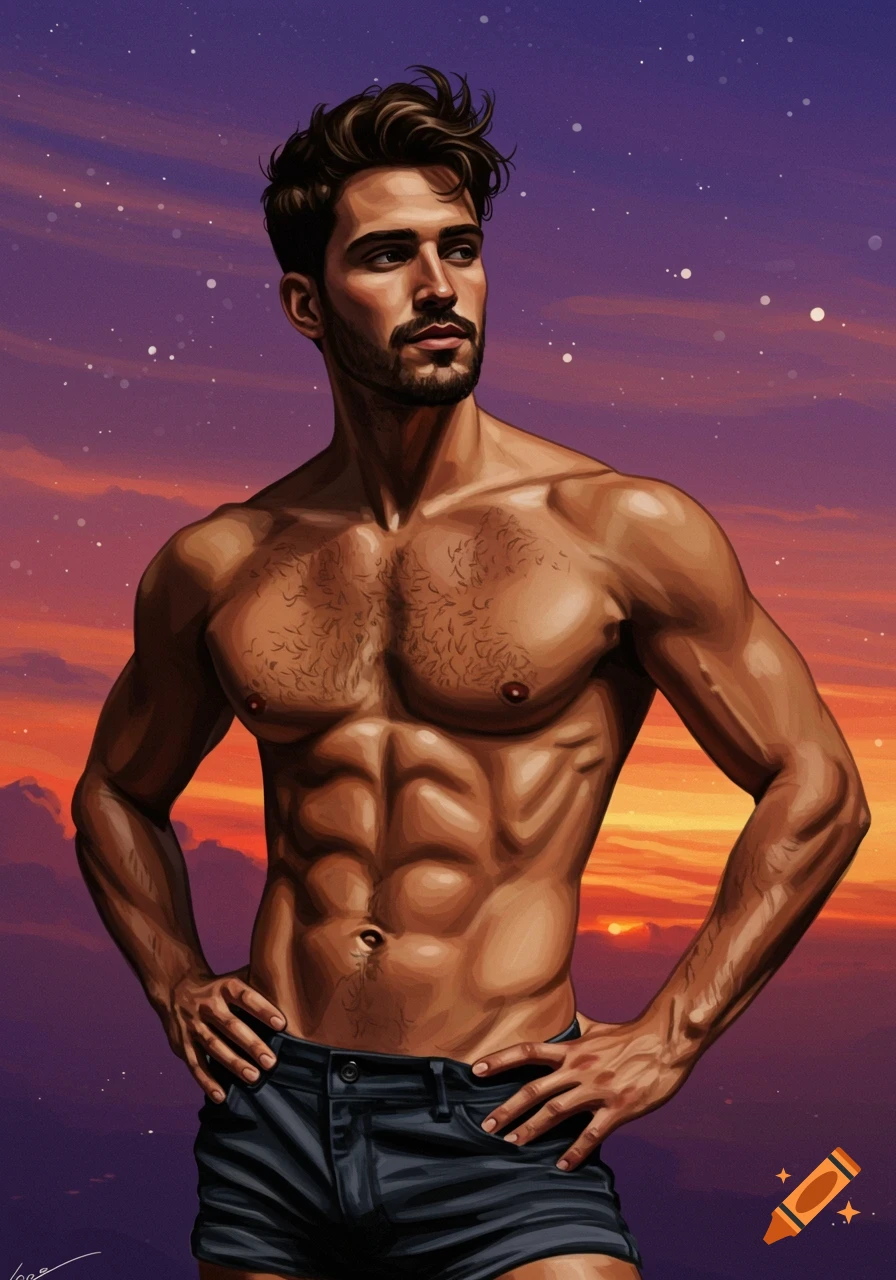 An illustrated muscular man with a beard, shirtless and wearing shorts, stands against a vibrant purple and orange sunset sky with stars.
