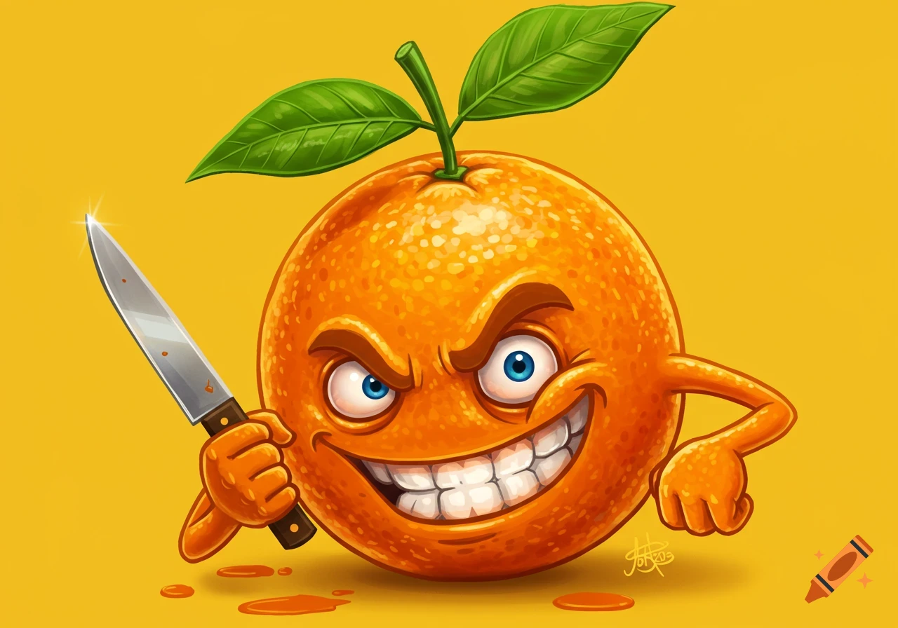 A cartoon orange with a menacing grin and angry eyes holds a shiny knife, with drops of red liquid on the ground. The orange has green leaves on top.