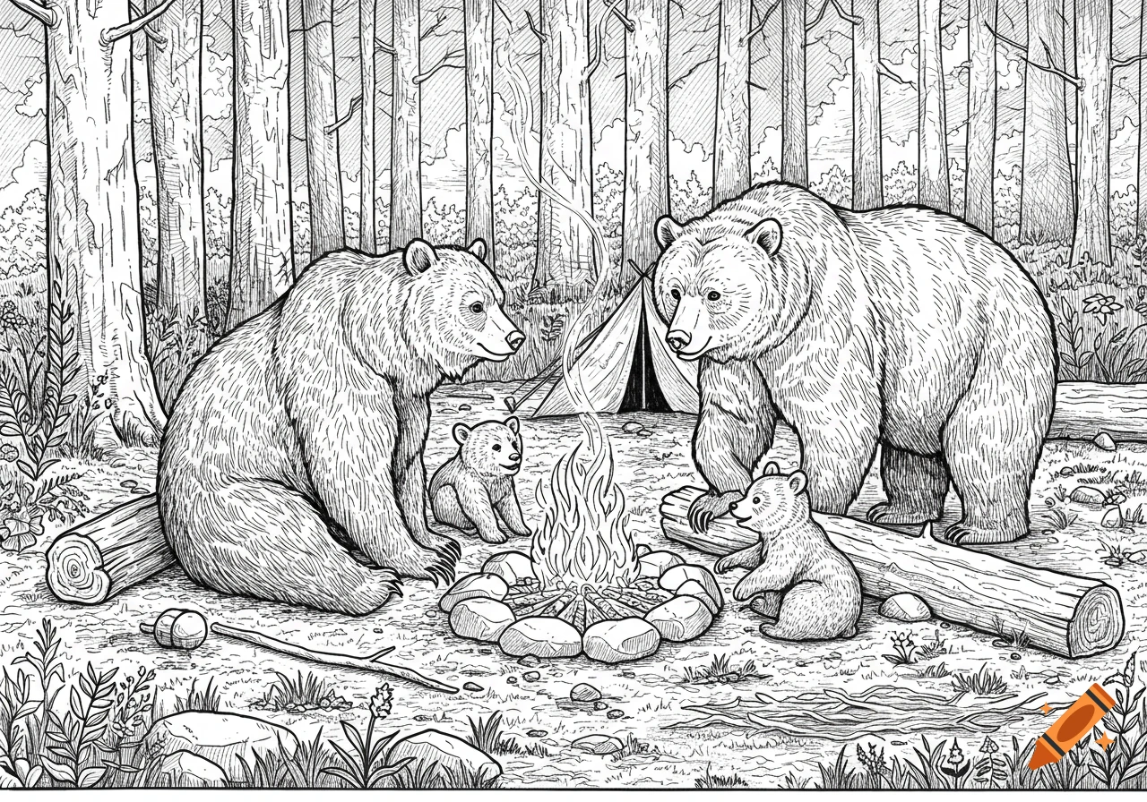 Black and white line art illustration of a bear family camping in the woods, gathered around a campfire with a tent in the background.