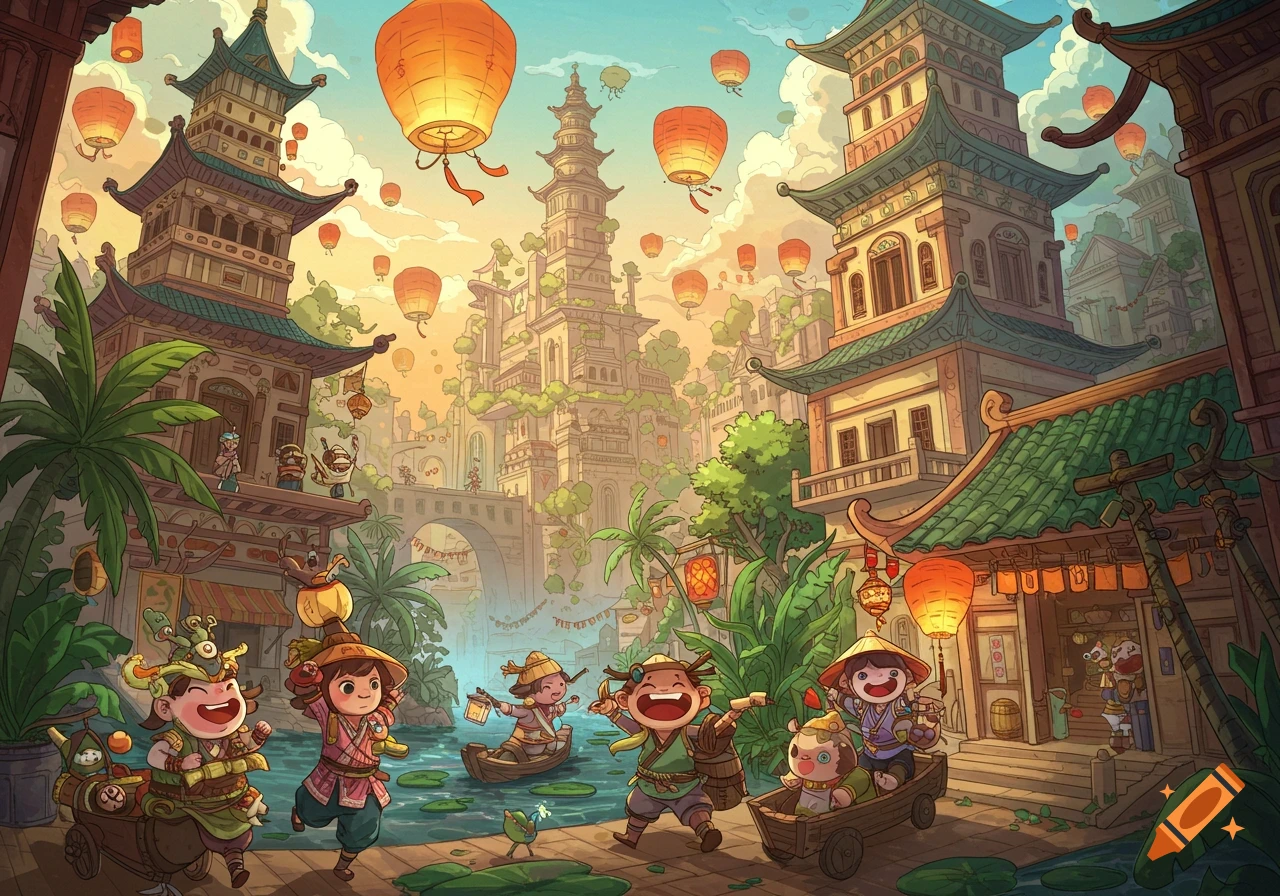 A vibrant cartoon illustration of an ancient Asian city with pagodas and floating lanterns. Children and characters in traditional attire play by a river.