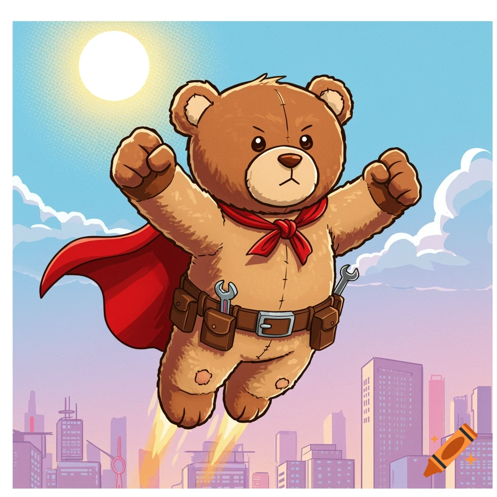 A cartoon superhero teddy bear with a red cape and utility belt flies over a city at sunset.