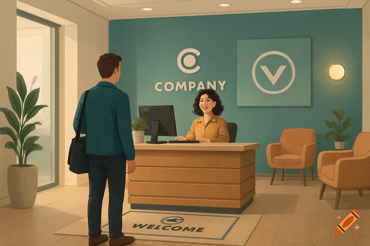 A man stands in a modern office reception area, facing a smiling receptionist behind a desk. Text on the wall says 'COMPANY' and 'WELCOME' on the mat.