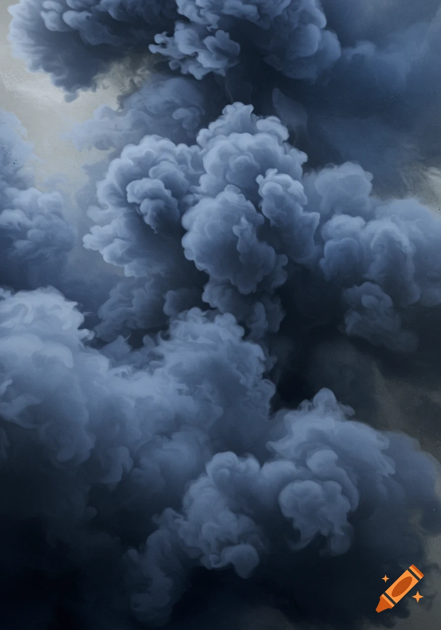 Dense, swirling clouds of dark blue and grey smoke create an atmospheric background.