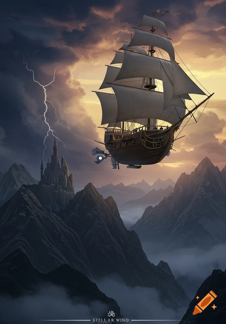 A large sailing airship, the Stellar Wind, flies over dark mountain peaks with a castle, as lightning strikes during a stormy sunset.