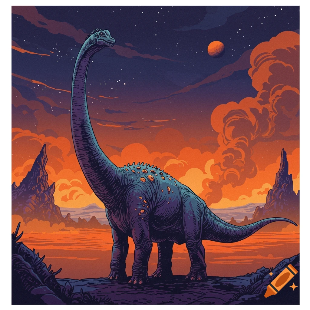 A tall diplodocus dinosaur stands on a rocky alien landscape under a vibrant orange and purple sky with a red moon, in a stylized comic art style.