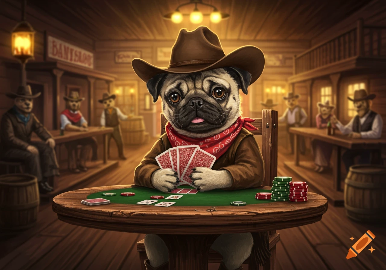 A cute pug wearing a cowboy hat and bandana, holding poker cards at a saloon table with poker chips. Other animal characters are in the background.