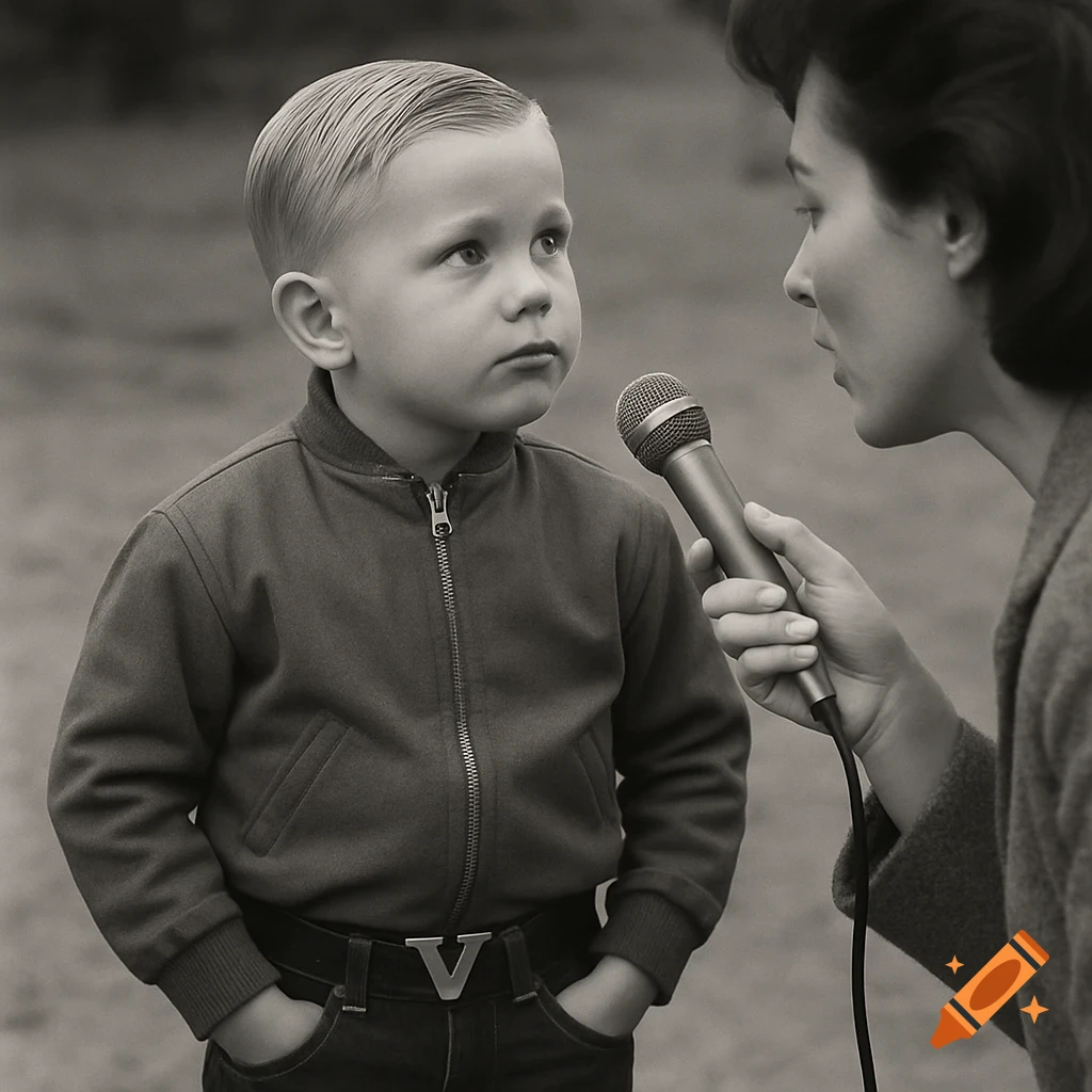 Black and white 1960s photo of a young boy with slicked hair being interviewed by a woman holding a microphone.