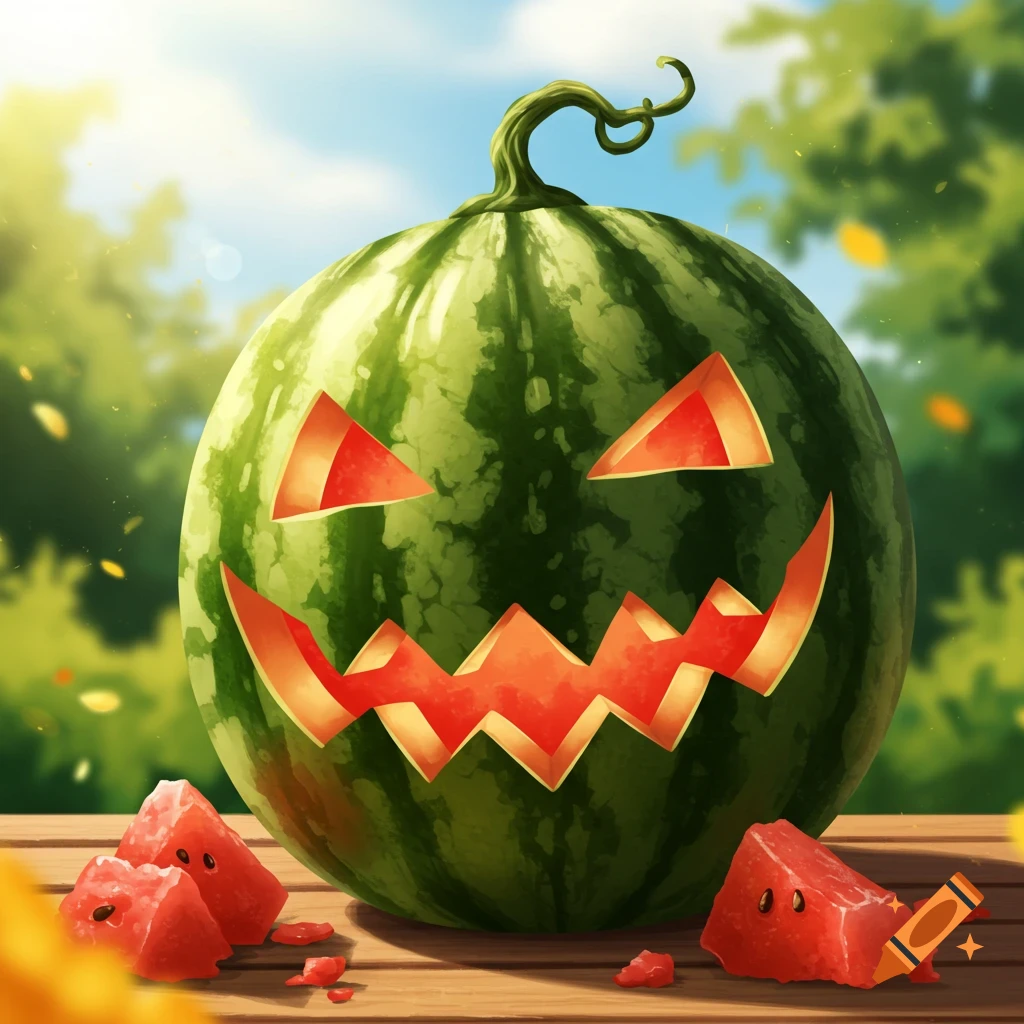 A watermelon carved into a jack-o'-lantern sits on a wooden table outdoors under a sunny sky, with watermelon slices beside it.