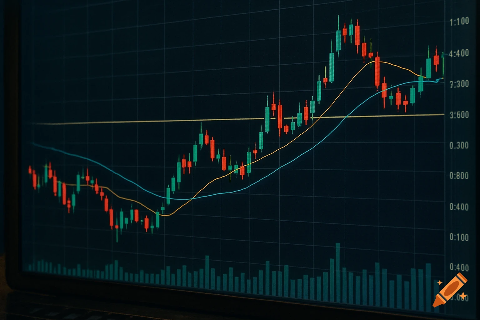 A digital stock market candlestick chart with green and red candles, moving average lines, and a volume histogram.