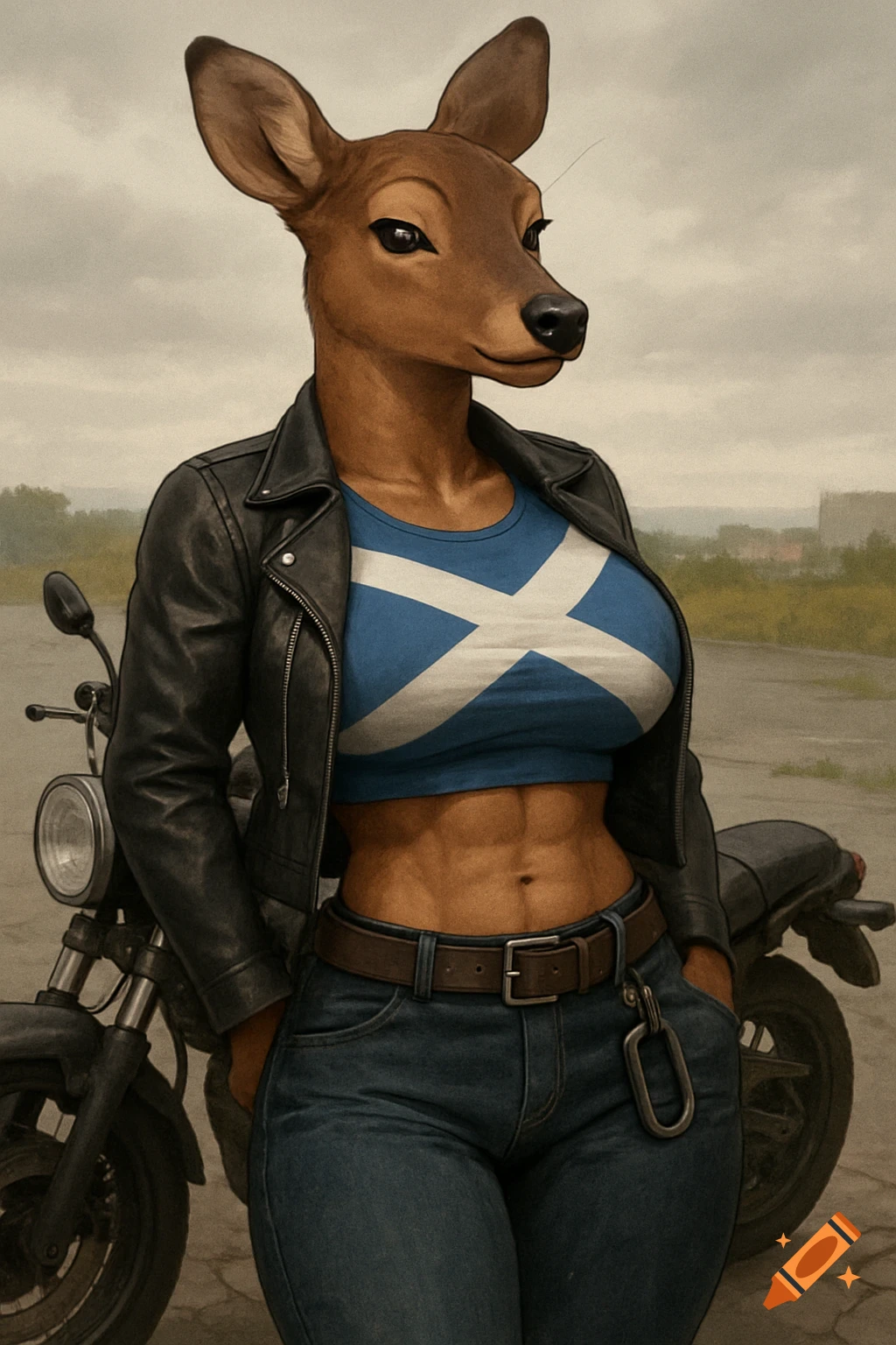 Stylized semi-realistic anthropomorphic female deer in leather jacket, Scottish Saltire top, and jeans leaning on a motorcycle.