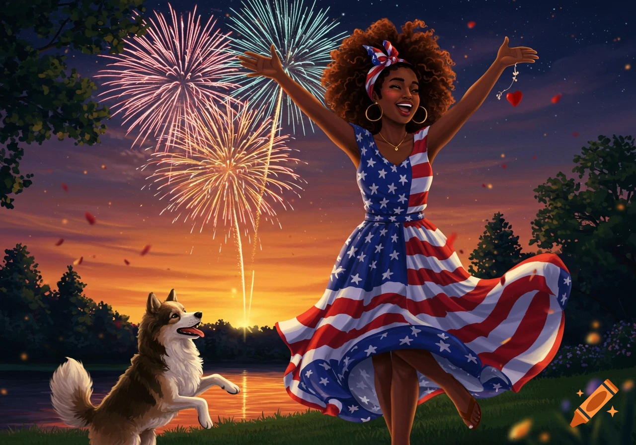 A smiling Black woman in an American flag dress celebrates 4th of July with arms outstretched as fireworks light up the sky, a dog beside her.