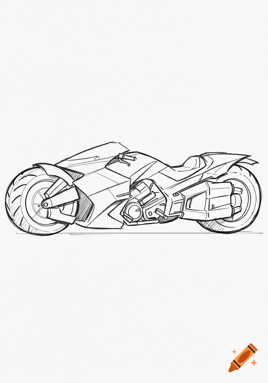 Simple black and white line art sketch of a futuristic Batcycle.
