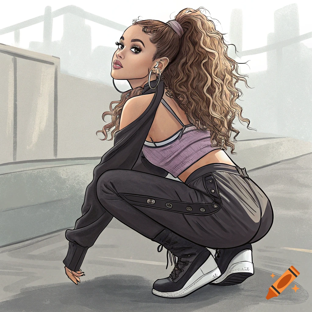 Stylized illustration of a woman resembling Ariana Grande squatting in an urban setting, wearing a crop top and dark pants.