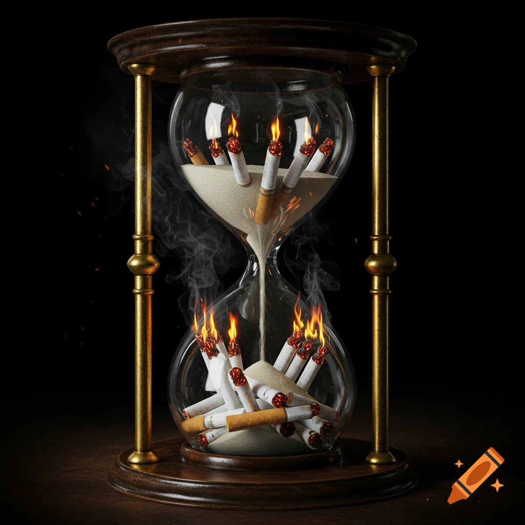 A photorealistic image of an hourglass filled with burning cigarettes instead of sand, emitting smoke and flames.
