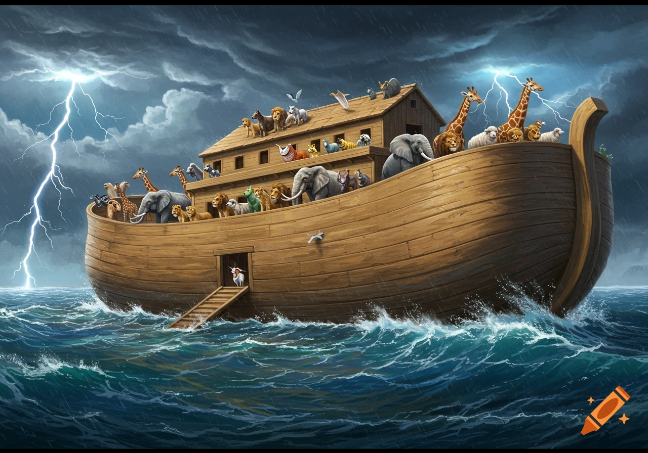 Noah's Ark, a large wooden boat, filled with pairs of animals, sails on stormy seas under a dark, lightning-filled sky.