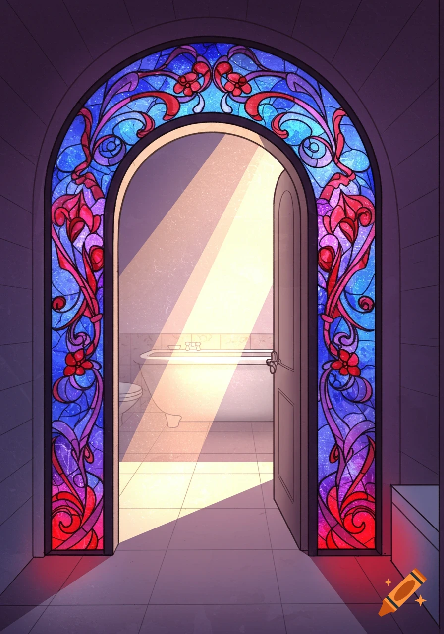 A vibrant stained glass arched doorway in blue, purple, and red opens into a sunlit bathroom with a bathtub.