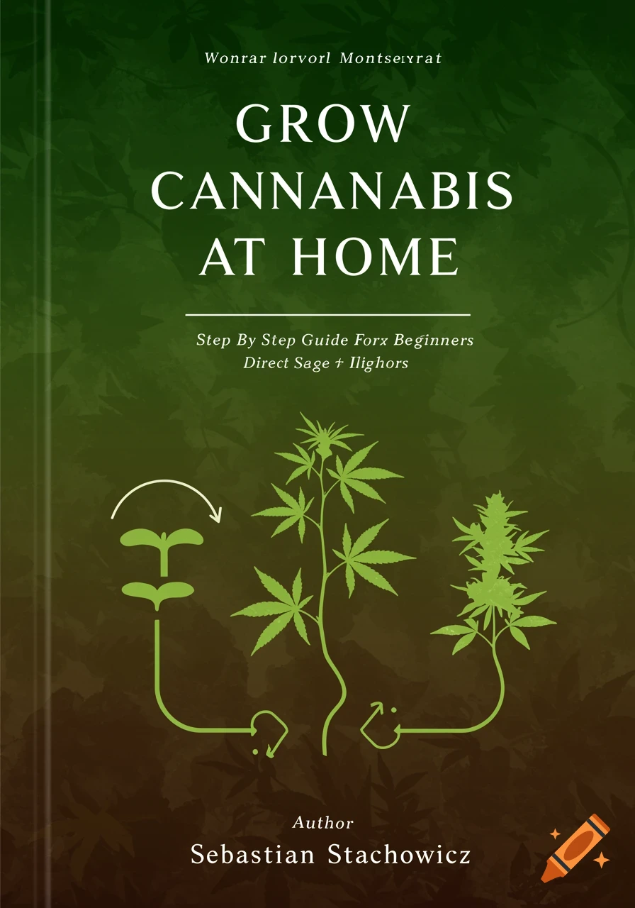 A dark green and brown book cover titled "GROW CANNABIS AT HOME" featuring a minimalist illustration of a cannabis plant in three growth stages.