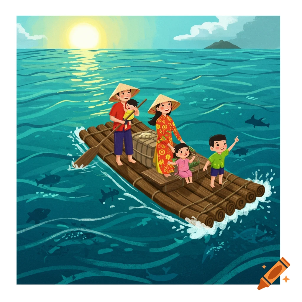 A cartoon illustration of a Vietnamese family, including parents and three children, on a wooden raft in the ocean at sunset.