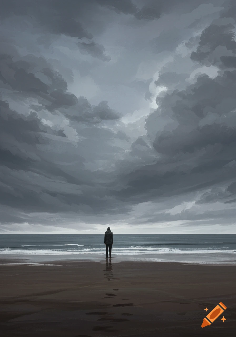 A person stands on a dark sand beach looking out at a calm sea under a vast, dark, cloudy sky. Footprints are visible in the sand.