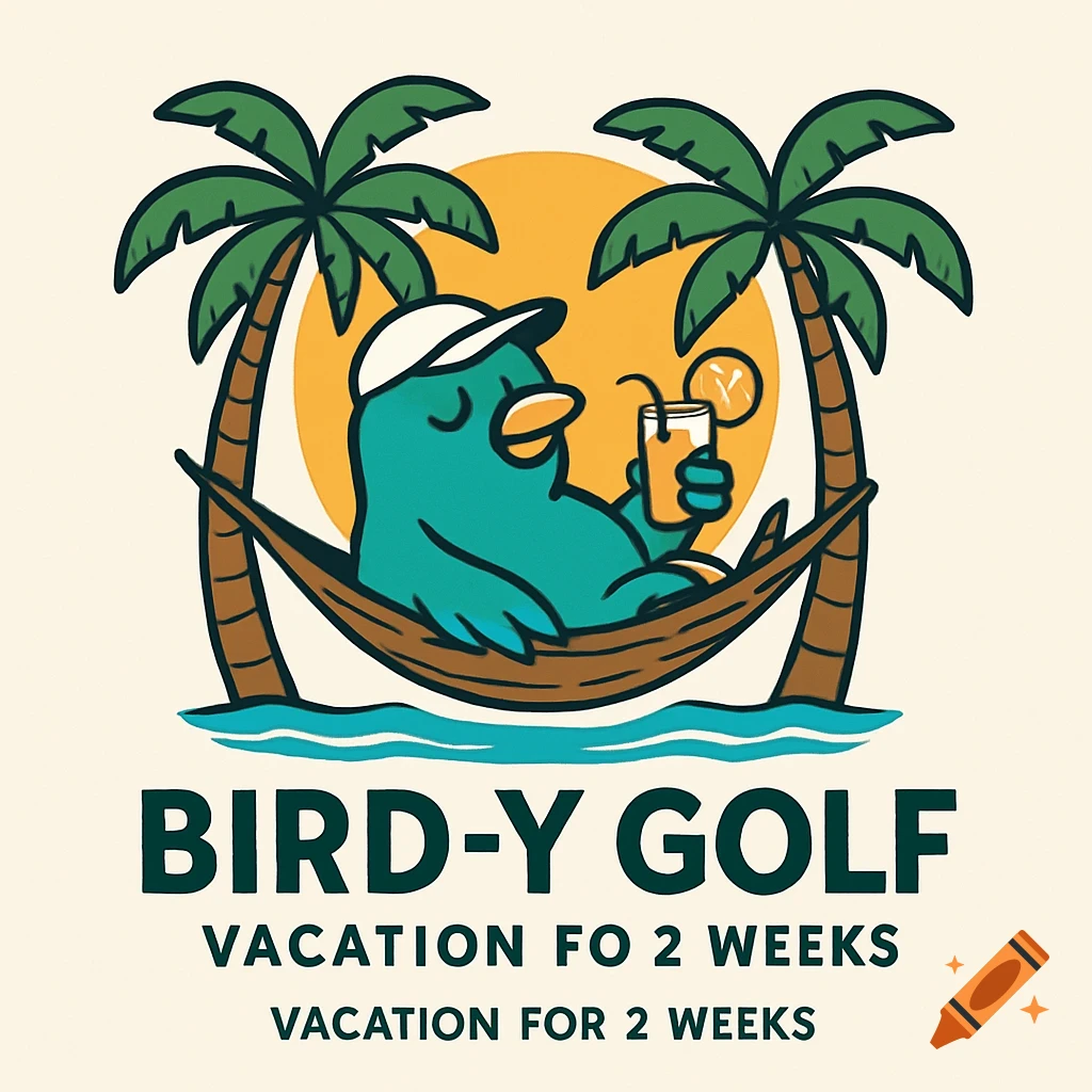 Cartoon bird in a hammock between palm trees with a drink, sun, and text 'BIRD-Y GOLF VACATION FO 2 WEEKS VACATION FOR 2 WEEKS'.