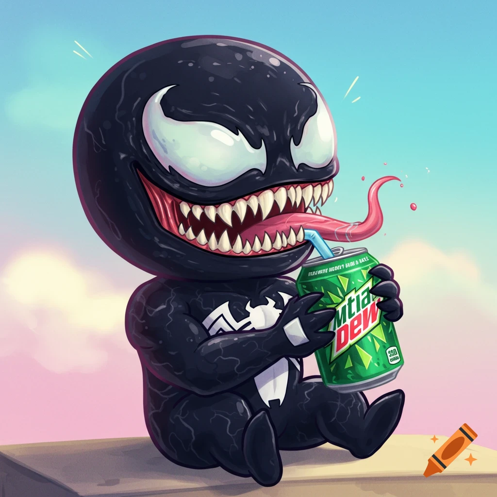 A cute, chibi version of Marvel's Venom sitting and drinking from a can of Mountain Dew with a straw.