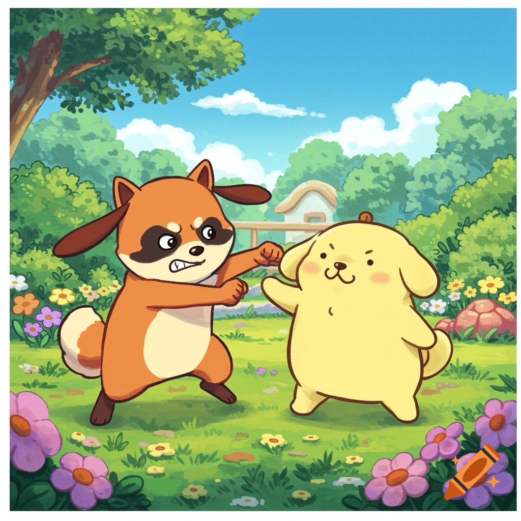 A brown dog-like cartoon character punches a yellow dog-like cartoon character in a vibrant grassy field with flowers and trees.