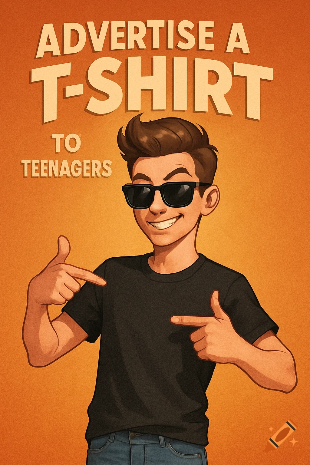 Cartoon illustration of a smiling boy in sunglasses and a black t-shirt, pointing to himself, with text 'ADVERTISE A T-SHIRT TO TEENAGERS' on an orange background.