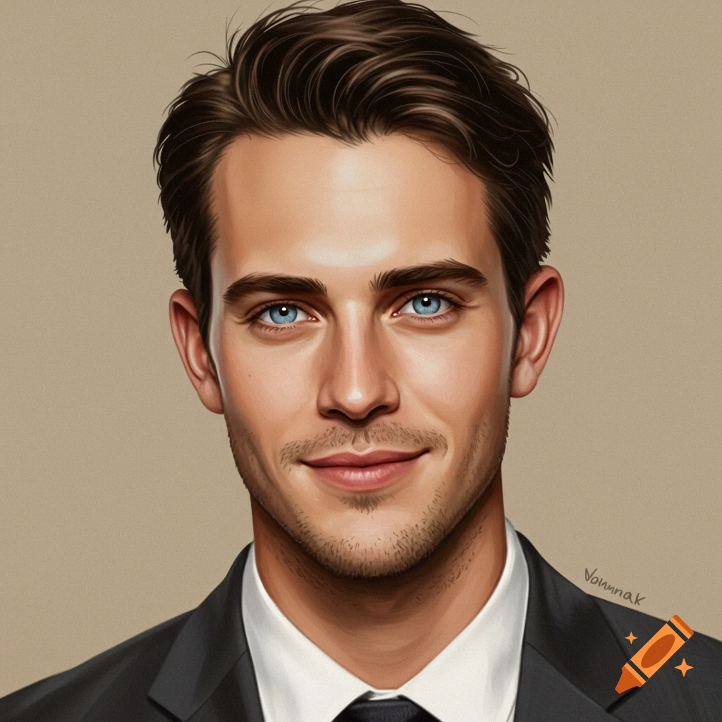 A close-up portrait of a handsome man with blue eyes, brown hair, and stubble, wearing a suit and tie, against a plain background in a stylized art style.