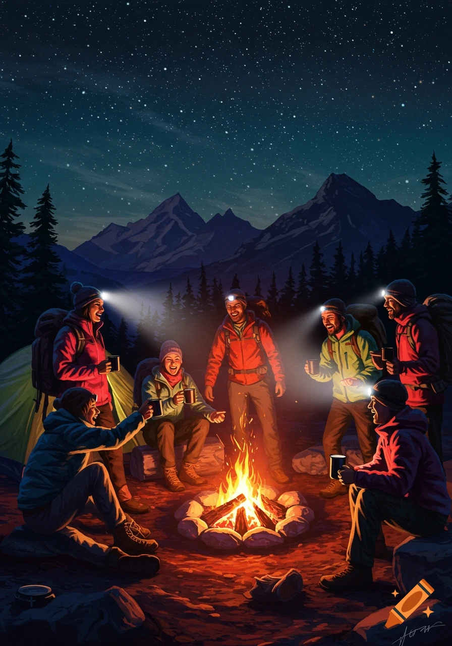 A group of friends laughing around a campfire at night, wearing headlamps, with mountains and a starry sky in the background. Illustrated style.