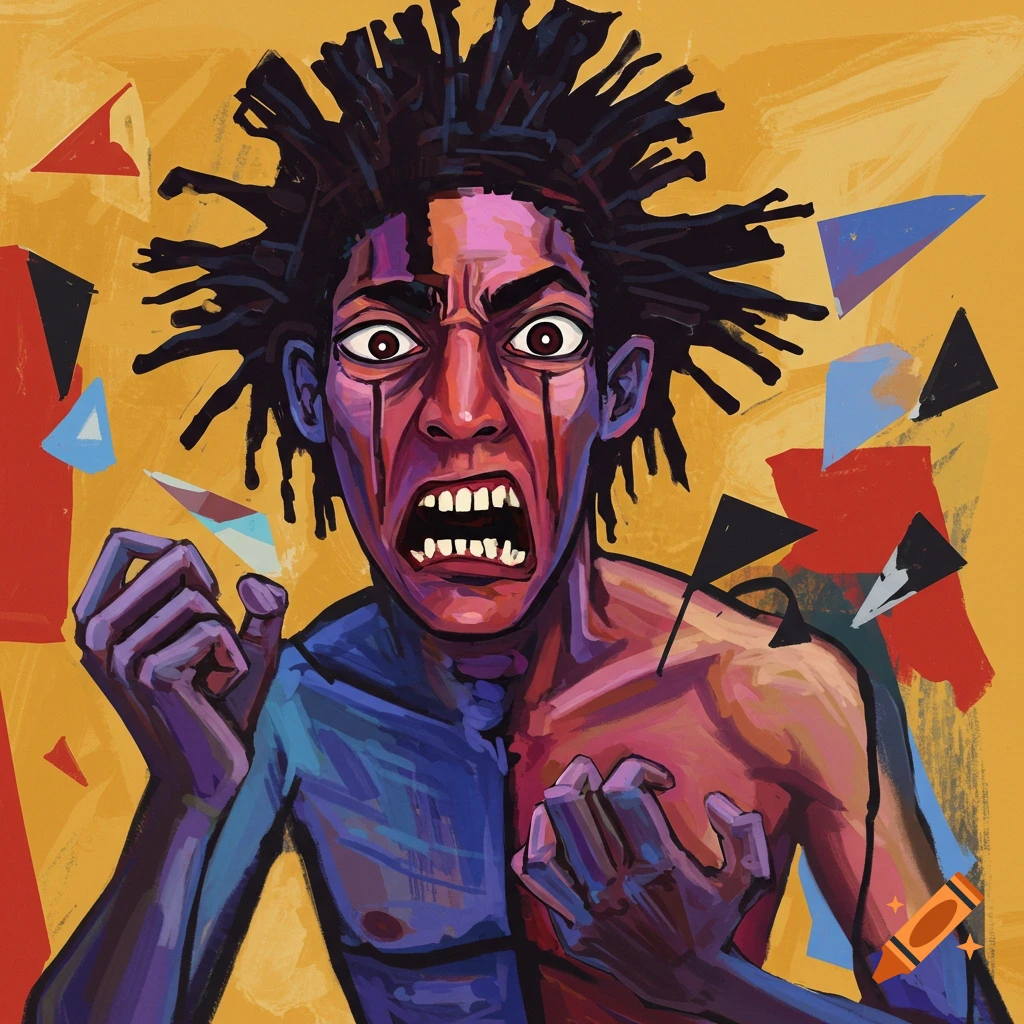 Stylized portrait of an angry person with dreadlocks, split blue and red, screaming with wide eyes, against a yellow background with abstract shapes.