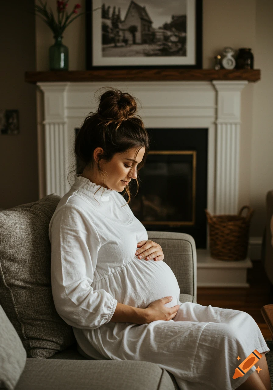 A pregnant woman in a white dress sits on a couch in a cozy living room, gently holding her belly.