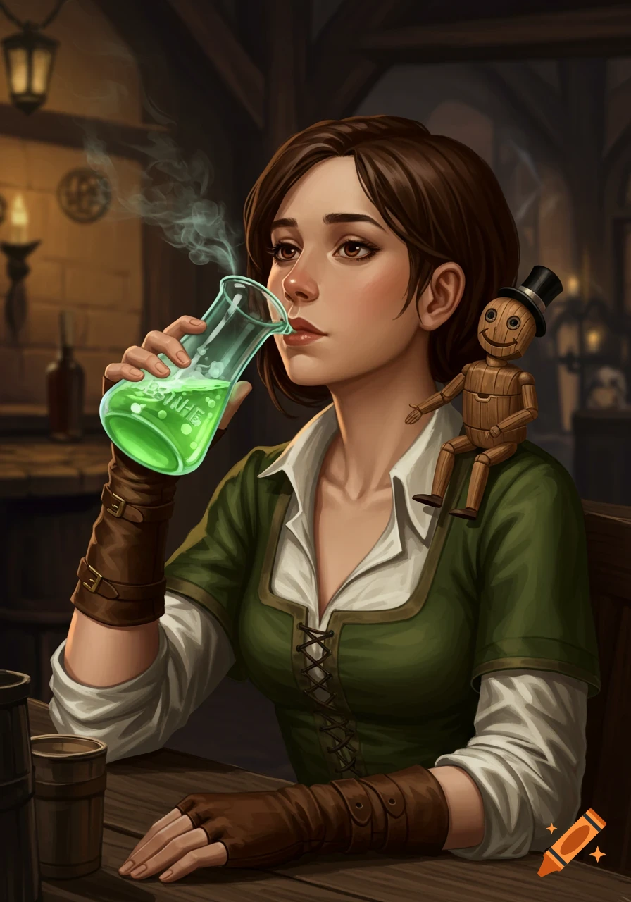 A young medieval woman with a wooden mannikin on her shoulder drinks glowing green liquid from a beaker in a dark fantasy tavern, digital painting.