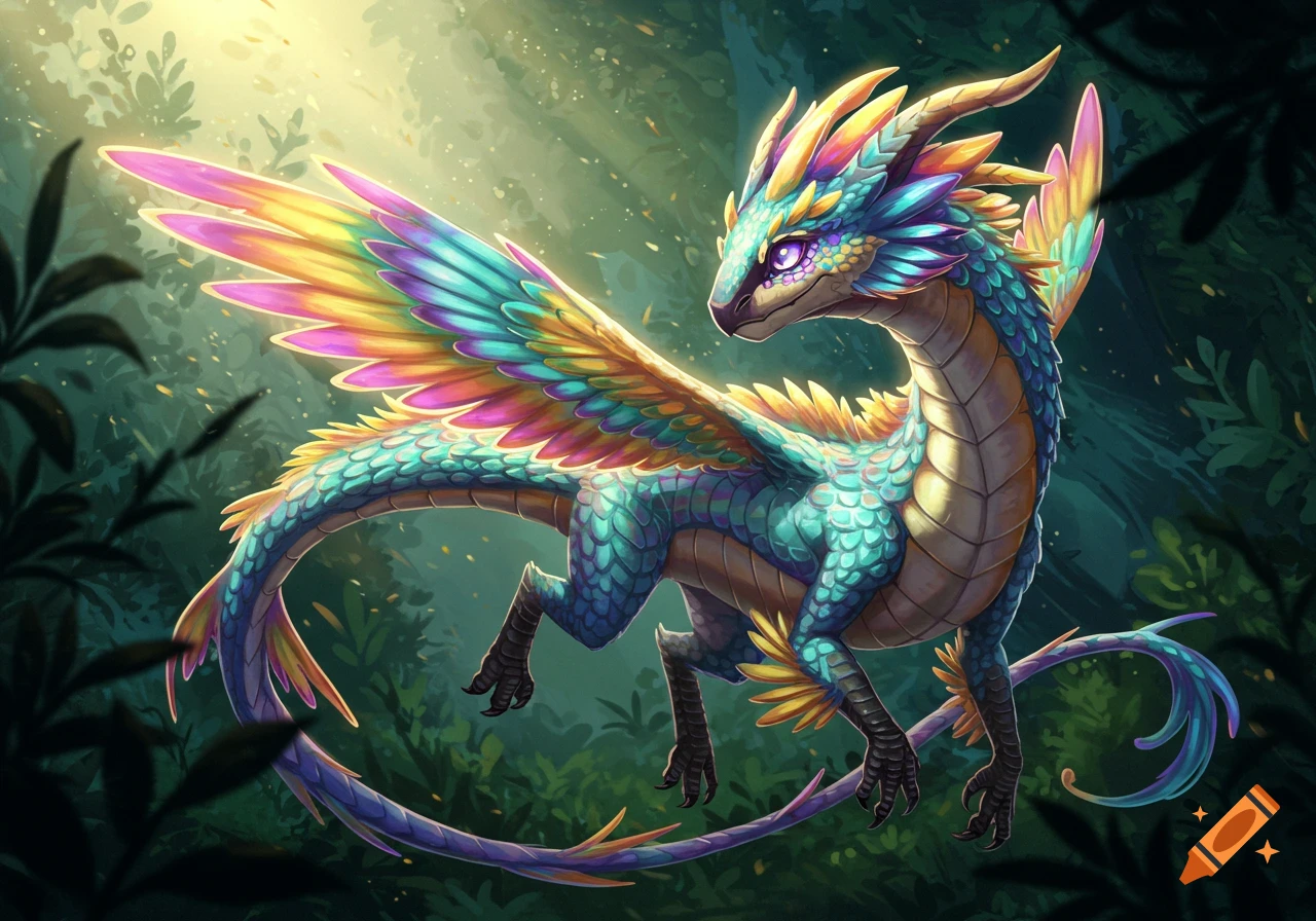 A vibrant, colorful feathered dragon with iridescent scales and large wings stands in a sun-dappled forest.