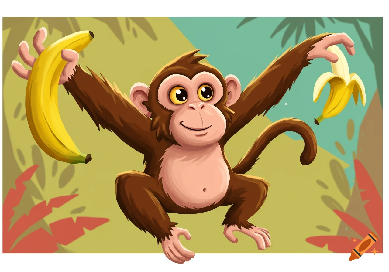 A stylized chunky brown monkey with big eyes holds a yellow banana in one hand and a partially peeled banana in the other, set against a jungle background.